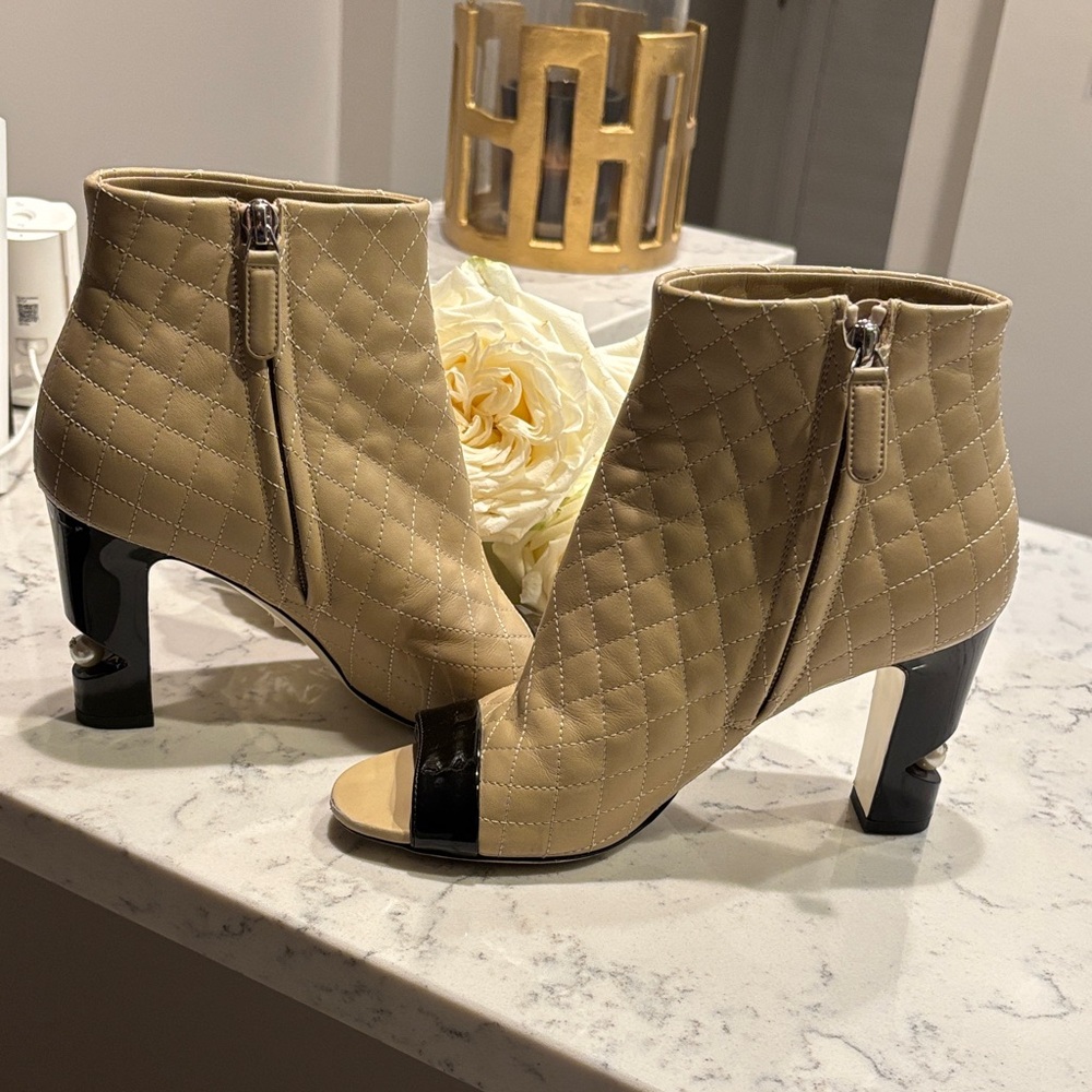 CHANEL Beige and Black Quilted Heeled Boots with Pearl Design